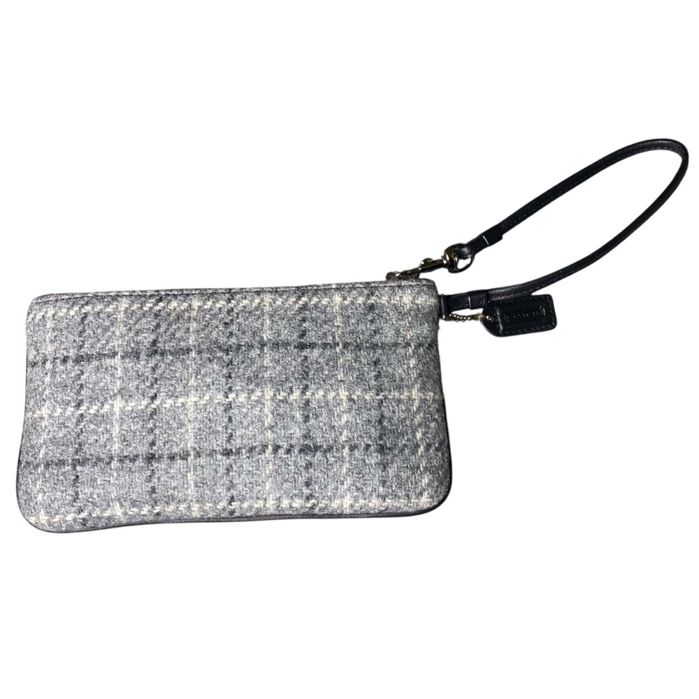 Vintage Coach Bag Wallet Wristlet Wool Leather Gray Herringbone - Picture 8 of 9